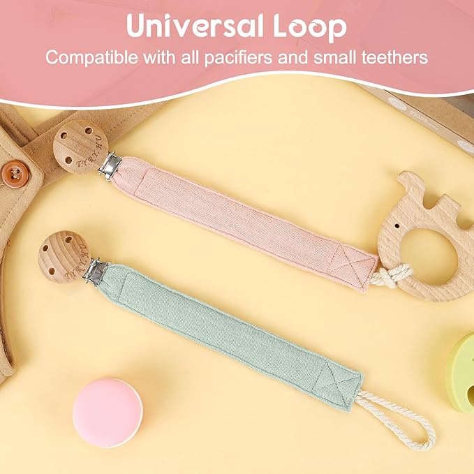 TYRY.HU Ribbon Pacifier Clip Holder,2 Pack Binky Paci Holder Clips, Pacifier Leash for Baby Boys and Girls, Soft Webbing Strap Universal Fits for Most Pacifier, Styles & Teethers Toys(Green,Pink)