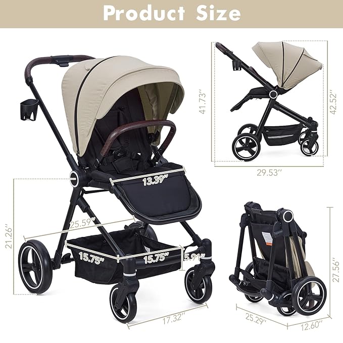 Baby Stroller, High Landscape Pushchair with Reversible Seat, One-Hand Fold and Cup Holder, 4 Modes Convertible Toddler Stroller with Storage Basket, Adjustable Footrest and Canopy, Beige