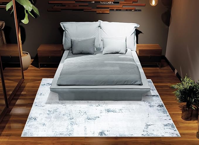 Bloom Rugs Caria Washable Non-Slip 6x9 Rug - Ivory/Silver/Blue Modern Abstract Area Rug for Living Room, Bedroom, Dining Room, and Kitchen - Exact Size: 6' x 9'
