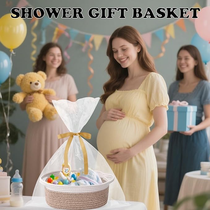 Gift Basket with Gift Bag and Ribbons,Small Rope Woven Shelf Storage,Baskets for Gifts Empty,Birthday,Shower,Decorative Organizer Box for Cat Dog Pet with Handles(White&Mixed Brown)