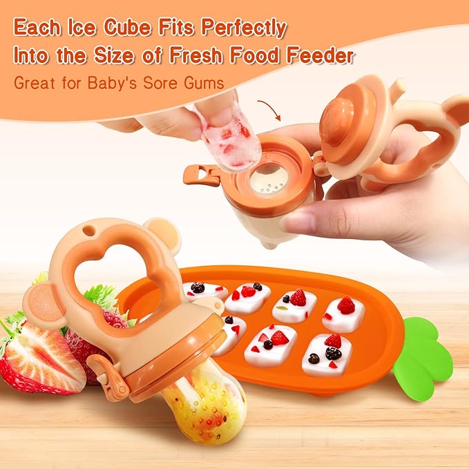 Baby Fruit Food Feeder - Silicone Nibble Tray Combo - Breastmilk Popsicle Mold for Cooling Relief, BPA Free Mesh Feeder for Infant Self Feeding (Monkey Blue Orange + Carrot)