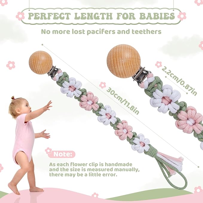 Pacifier Clip for Boys Girls Floral Daisy Macrame Baby Paci Clip Pacifier Holder Leash Boho Wooden Clips Handmade Braided Cotton Binky Clips (1pack:Misty Rose)