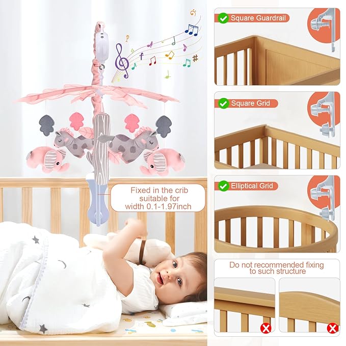 Upgraded Blublu Park Musical Crib Mobile for Girls, Baby Mobile with Hanging Rotating Toys Woodland Nursery Decor for Newborn Baby Boys Girls, Digital Music Box with 3 Modes, 12 Lullabies (Pink)
