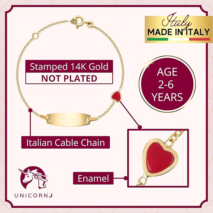 UNICORNJ 14k Gold ID Bracelet Engravable Girls Boys Kids Baby Infant, Personalized Figaro Curb Chain Name Bracelets for Babies Newborn Toddler Child Girl Boy Yellow Gold, Made in Italy
