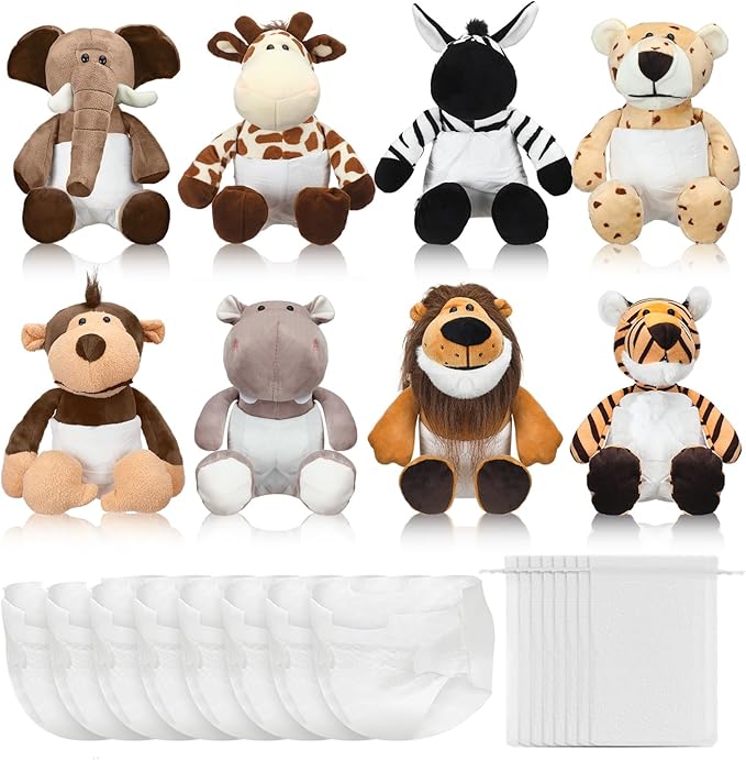 8 Sets Safari Animals Blindfolded Diaper Changing Baby Shower Games Boys Girls Baby Dolls Diapers for Bridal Shower Gender Reveal Games Prizes Gifts for Adults