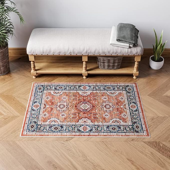 Dripex Vintage Washable Area Rug - 2x4 Indoor Door Mat Oriental Medallion Accent Throw Rug Distressed Foldable Non-Slip Low-Pile Bathroom Kitchen Rug for Entryway Laundry Room Living Room Bedroom