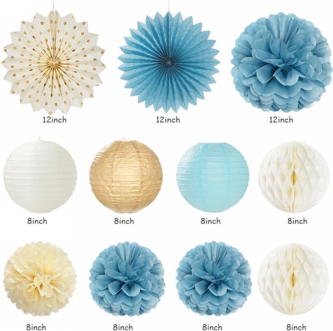 Light-Dusty Blue Boho Baby Shower Party-Decorations - 21pcs Beige Champagne Boy Neutral Welcome Baby Banner Decor,Paper Lanterns Pom Poms Fan Supplies,Streamers Garland Wall Backdrop Favors Huglony