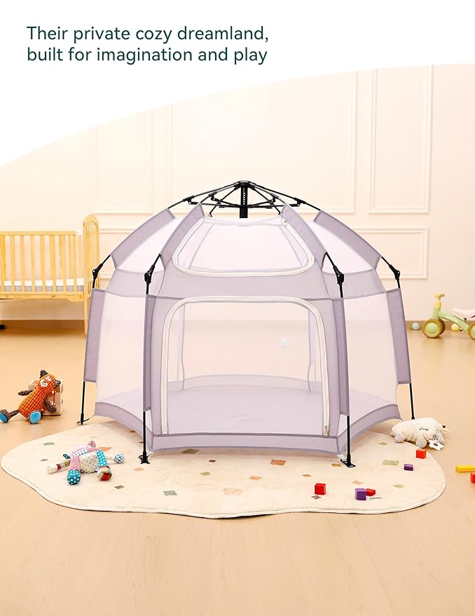 Babelio Pop up Baby Tent, Travel Playpen for Babies, Indoor and Outdoor, Portable/Foldable Play Yard W/Canopy, Travel/Nap, Sun Protection, One-Touch Storage- Light Grey