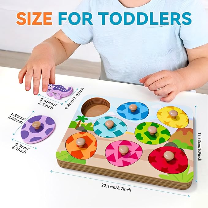 Wooden Puzzles for Toddlers 1-3, Montessori Toys for 1 2 Year Old Boy Birthday Gifts, Dinosaur Matching Eggs Peg Puzzles for Toddlers Age 2-4, Preschool Learning Activities for Girls