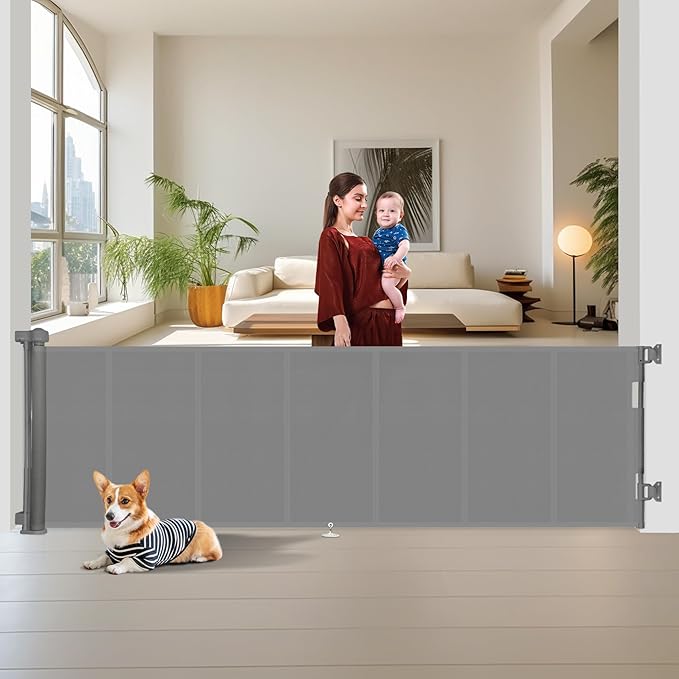 Upgraded 150 inch Retractable Baby Gates Extra Wide with Reinforced Strip Design to Prevent Crawling Through, 34" Tall, 12 FT Wide Retractable Dog Gate, Retractable Gate for Indoor/Outdoor