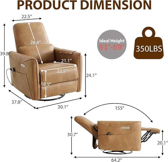 Swivel Glider Rocking Recliner, Power Recliner Chairs with Massage & Lumbar Support, Upholstered Faux Leather Reclining Sofa Chair for Living Room & Nursery (Brown)