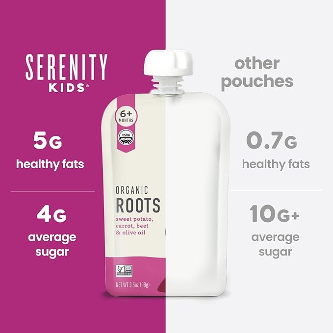 Serenity Kids 6+ Months Baby Food Pouches USDA Organic Veggie Puree - BPA-Free - No Added Sugar Allergen-Free - Savory Sweet Potato & Carrot, Beet Baby Snacks - 3.5 Oz, 6 Pack