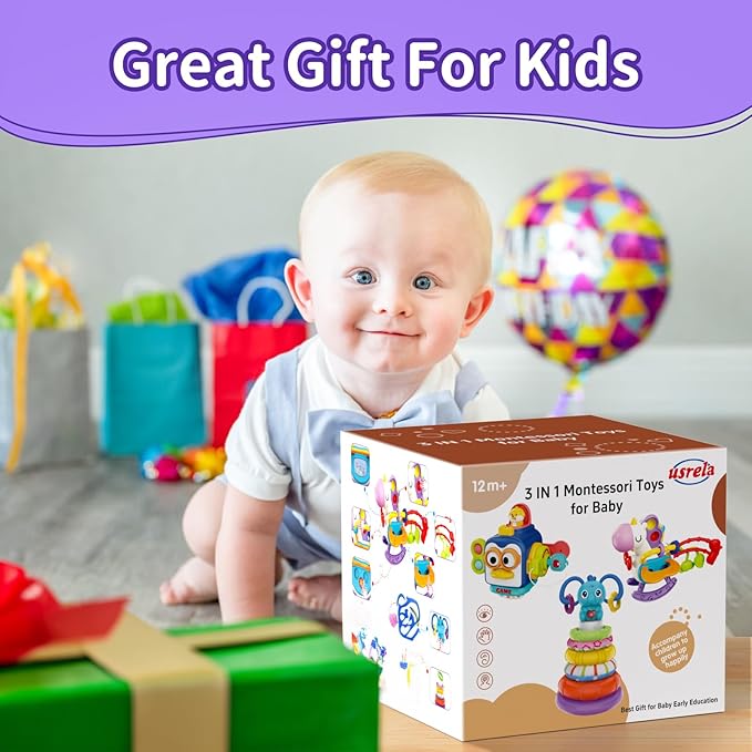 Baby Toys for 1+ Year Old, Busy Board Sensory Toys for Toddlers 1-3, Baby Toy for 12-18 Months, Pull String Teether, Stacking Blocks, 3 in 1 Travel Toy Gifts for 1 2 3 Year Old Boy Girl