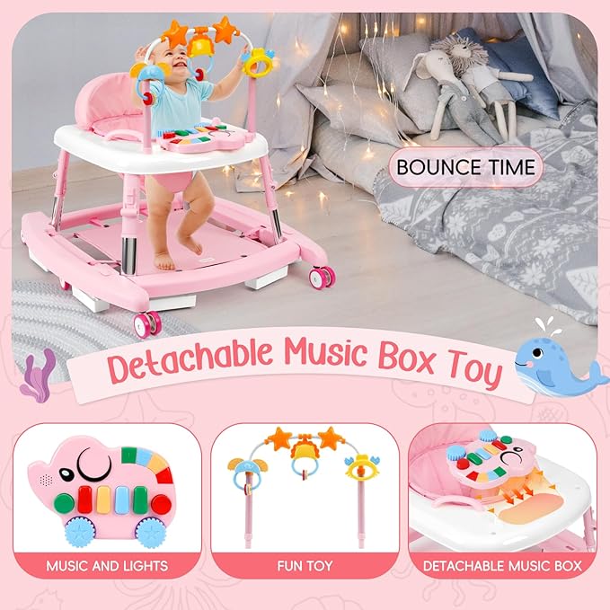 5-in-1 Music and Lights Baby Walker Foldable with 5 Adjustable Heights, Baby Walker with Wheels and Bouncer Combo Portable, Infant Toddler Walker for Baby Boy Girls 6-18 Months