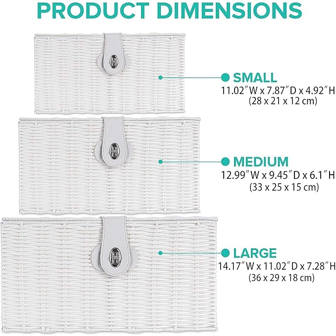 Set of 3 Woven Wicker Storage Basket Box with Lid & Lock, Built-in Carry Handles, Multifunctional Storage Organiser for Nursery, Baby, Clothes, Toys, Books, Large/Medium/Small Size (White)