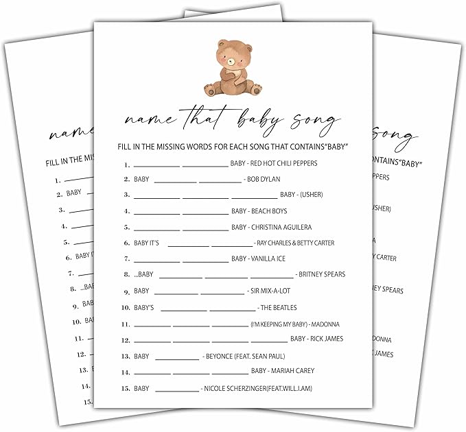 Name That Baby Song Games Set, Minimalism Baby Shower Party Game Card, Boho Bear Themed Gender Neutral Party Ideas Activities, Baby Shower Party Supplies & Decorations -A03