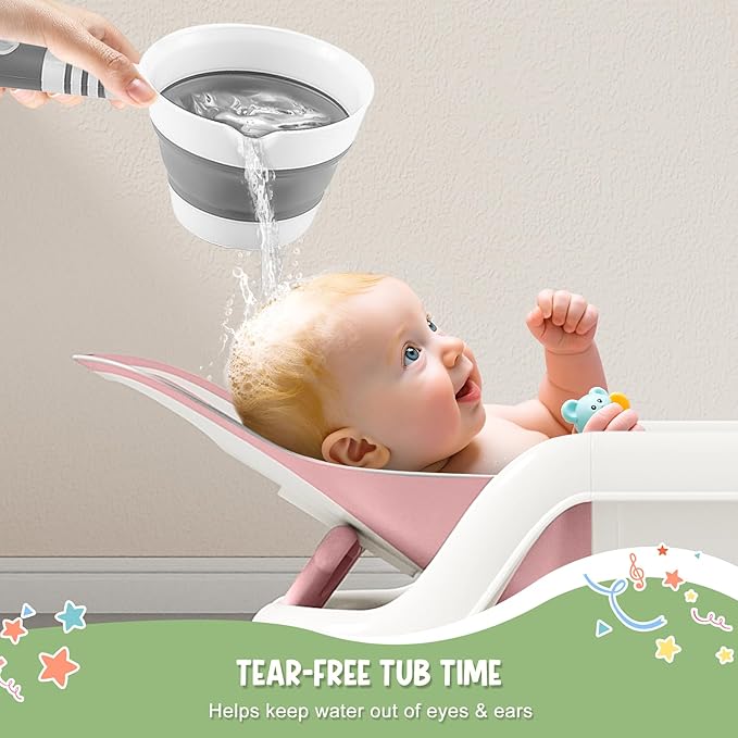 Reclining Baby Bathtub for Newborn, Angle Adjustable Baby Tub for Infant to Toddler, Bath Support in Tub, Thermometer & Bath Kneeler Rest Pad & Clean Rinse Cup, 6-36 Months-Pink
