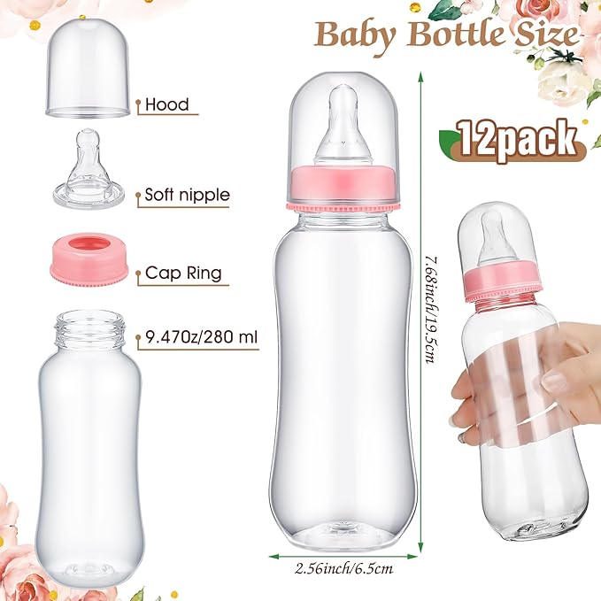 TrelaCo Floral Cool Baby Shower Games Bottle Chug Sign Wooden Floral Gift Sets Gender Reveal Party Favors and 12 Pcs Baby Bottle Shower Favor for Games Gender Reveal