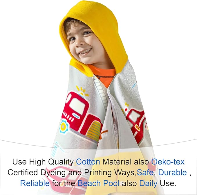 VOOVA & MOVAS Kids Bath Towels for Boys, Ages 3-10, 30''X50, | Soft Thick Absorbent Cotton, Beach | Pool | Bath Hooded Towels, Yellow Fire Truck