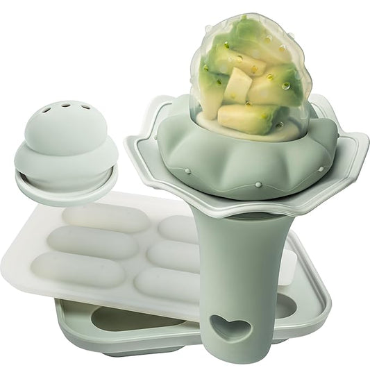 Moonkie Baby Fruit Feeder with Freezer Tray, Breastmilk Popsicle Molds for Teething Relief, BPA Free Silicone Food Feeder for Infant Self Feeding, Two Pouches, Baby Shower Gifts 4 Months+, 1 Pack
