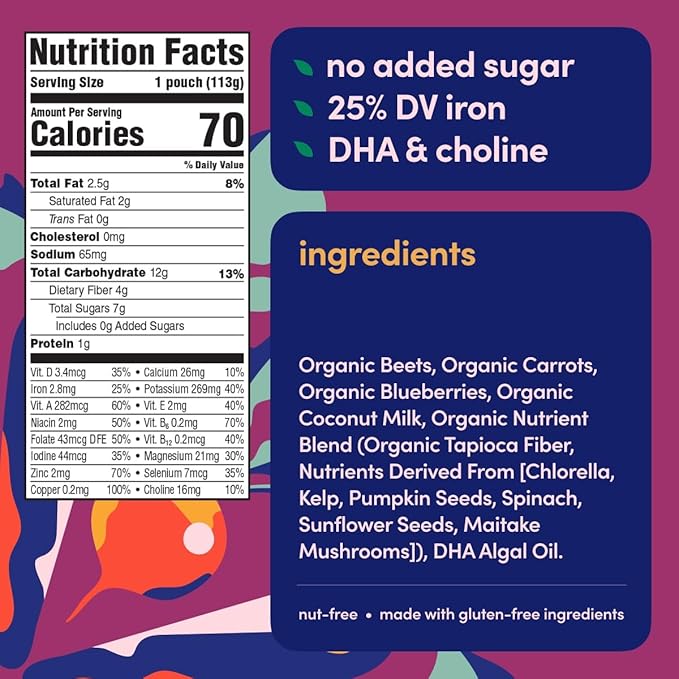 Cerebelly Organic Baby Food Pouches – Organic Veggie Purees for Toddlers | No Added Sugar, Fiber, Non-GMO | Blended Toddler Food | 4oz BPA-Free Baby Food | Beet Carrot Blueberry | 12 Count