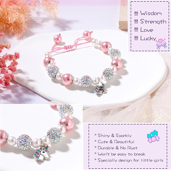 Unicorn Charm Bracelet for Girls - Adjustable Pink Pearl Kids Bracelet for Toddler Girls 4-12 Year Old- Daughter Granddaughter Child's Jewelry Gift for Birthday Christmas gifts