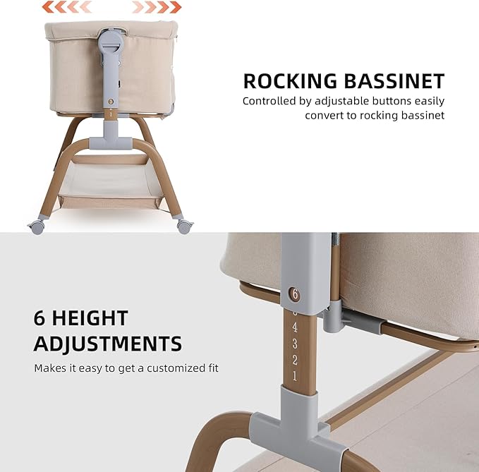 ANGELBLISS 3 in 1 Baby Bassinet, Rocking Bassinets Bedside Sleeper with Comfy Mattress and Wheels, 6 Height Adjustable Easy Folding Portable Bedside Crib for Newborn Infant (Khaki)