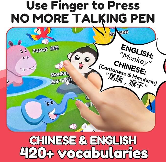 ZEENKIND Chinese English Learning Sound Book for Kids 2 3 4 5 6 Years Old, 420 Words to Learn in Chinese Cantonese Mandarin, Interactive Audio Talking Book, Educational Bilingual Toys for Toddlers