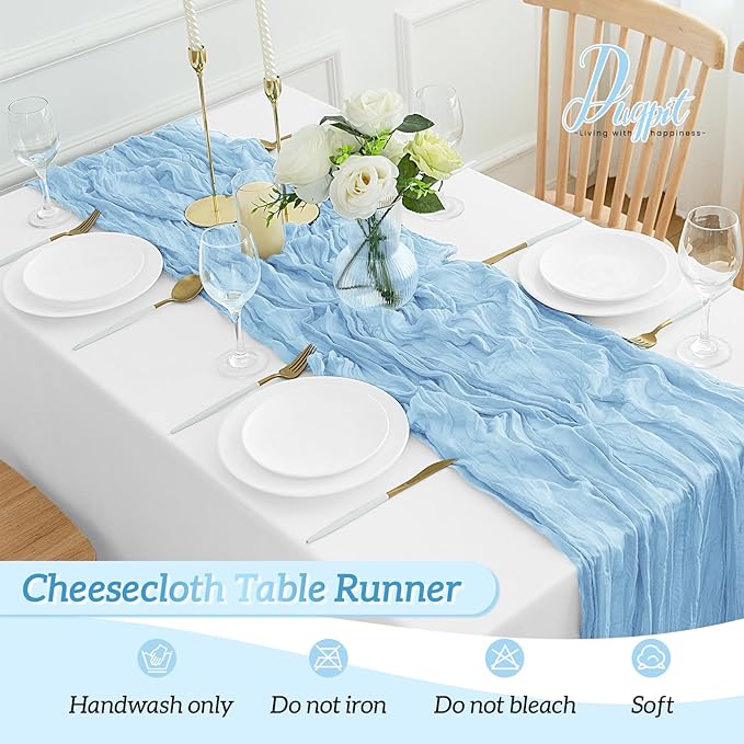 12Pack Baby Blue Cheesecloth Table Runner 35x120Inch Cheese Cloth Table Runners 10FT Boho Gauze Rustic Sheer Table Runner for Party Wedding Bridal Shower Baby Shower Decorations Boy Party Decor