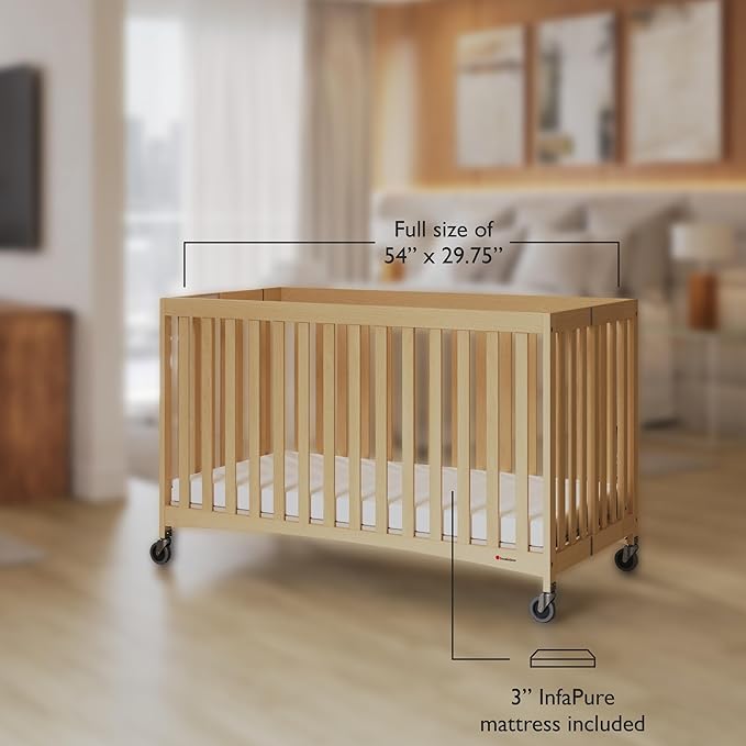 Foundations Travel Sleeper Full-Size Wooden Folding Crib with 3” InfaPure Foam Mattress and Commercial Grade Casters, Hotel Crib (Natural)