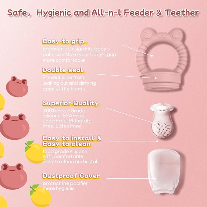 Baby Solids/Frozen Fruit Feeder Pacifier, Infant Teether Toy 4M+, BPA-Free Silicone Pouch & Nipple, Safely Introduce Solids, Teething Relief, 2-Pack - Pink/Yellow (Frog)