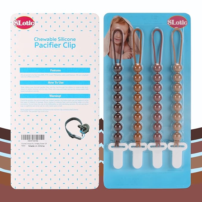 4-Pack Silicone Pacifier Clips with One-Piece Beads for Baby Boys and Girls - Flexible and Rust-Free Holders for Teething Relief and Baby Essentials, Safe for Newborns (Brown)