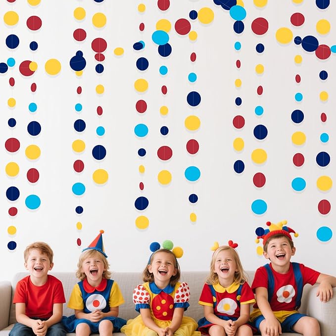 Red Blue Yellow Party Decorations Circle Dots Garland Hanging Paper Polka Dot Streamer for Carnival Circus Clown Fiesta Festivals Birthday Wedding Bridal Shower Wedding Baby Shower Party Supplies