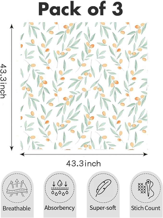 Muslin Swaddle Blankets for Baby Boys and Girls,3 Pack Breathable Soft Receiving Blanket,Large 43.3X 43.3 inches,Newborn Essentials Must Haves (Leaves)