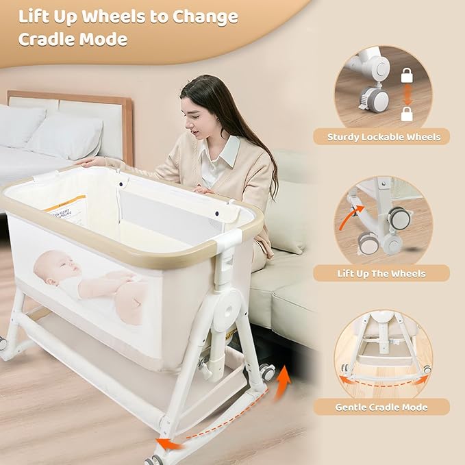 4 in 1 Baby Bassinet, Bassinet Bedside Sleeper with Wheels and Storage Basket, Adjustable 7 Heights Bedside Sleeper with Musquito Net, Breathable Mesh Rocking Bassinet for Baby/Newborn (Beige)