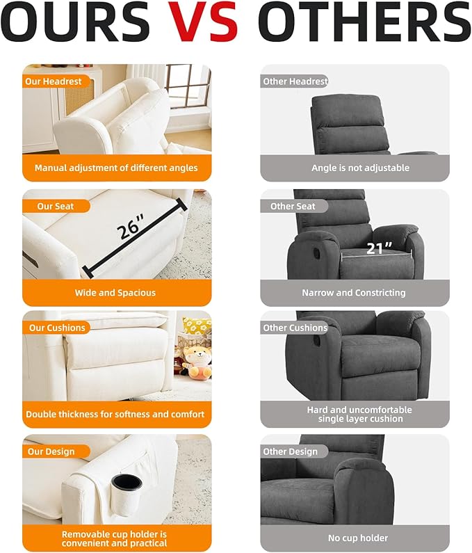 Oversized Swivel Rocker Recliner Chair, 26" Extra Wide Glider Nursery Chair with Adjustable Headrest, Chenille Power Recliner Rocking with Double Cushion, Cup Holder, White