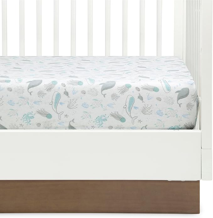 Delta Children Fitted Crib Sheets for Girls and Boys - 100% Organic Cotton Crib Sheet for Standard Crib and Toddler Mattresses - 28x52 Inch - GOTS Certified (Pack of 3), Sea Life