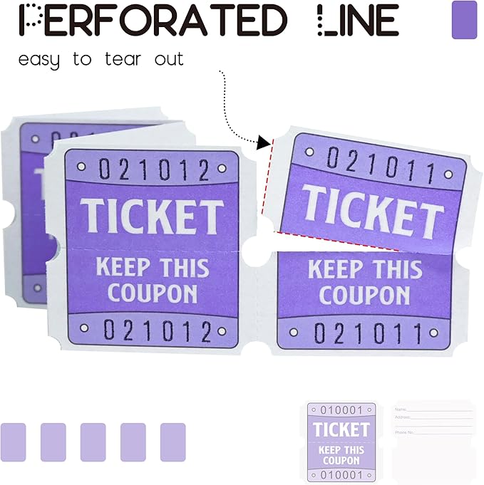 DGBDPACK 250 Raffle Tickets, 50/50 Raffle Tickets, Double Tickets for Festivals, Carnivals, School Events, Baby Showers, Summer Parties (Purple)