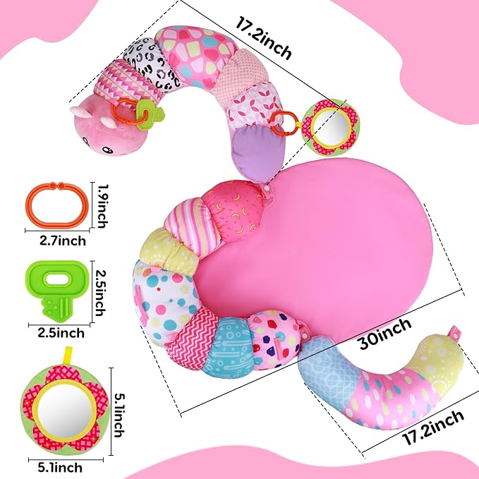 2 in 1 Baby Tummy Time Mat & Support Seated Pillow Infant Newborn Toys 0 1 2 3 4 5 6 Months Pink Caterpillar Sensory Developmental Playmat 0-6 3-6 12 Month Babies Mirror Shower Gifts for Girls Boys