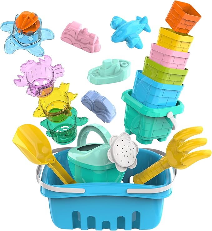 Splash & Sand Adventure Set – Beach Toys for Toddlers with 18 Pcs Stacking Cups, Watering Can, Bucket, Shovels, Rake, Toy Car Sand Moulds & Storage Basket, Summer Toys for Kids Ages 1+