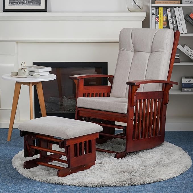 Glider Rocking Chair Nursery with Ottoman Smooth Rocking Motion, Easy to Assemble, Solid Hardwood Base Indoor Adult (White)