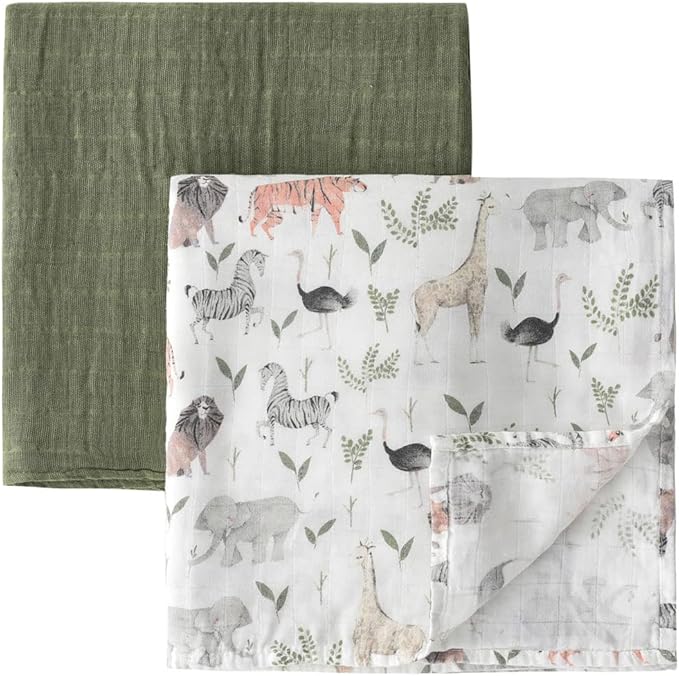Little Jump Breathable Muslin Swaddle Blankets - 2 Pack Jungle & Green - Softest Baby Receiving Blankets for Boys and Girls (Jungle & Green)