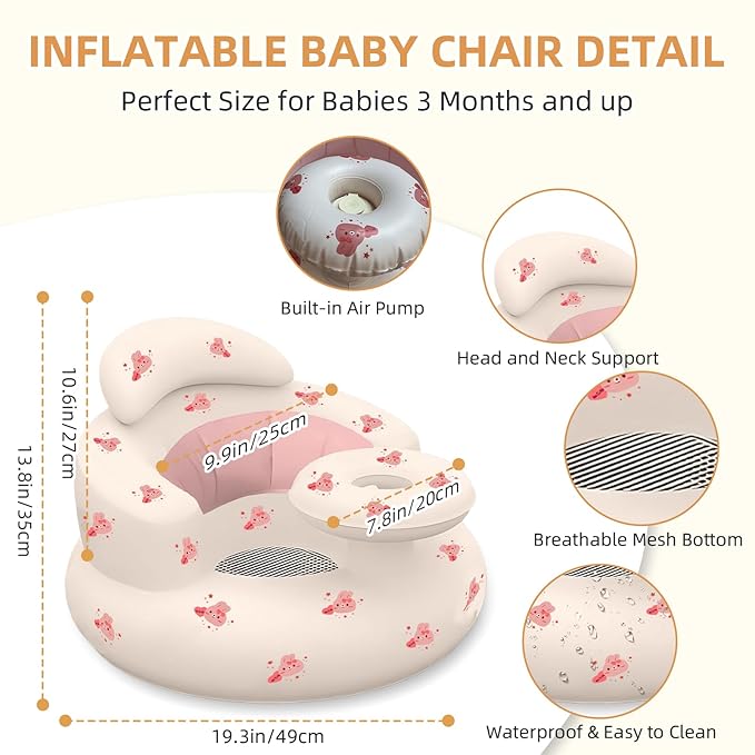 Inflatable Baby Seat with Tray, Blow up Infant Chair for Babies 3 Months and up, Comfortable Baby Floor Seats for Sitting Up, Built in Air Pump with Back Support Toddler Waterproof Sofa (Pink Rabbit)