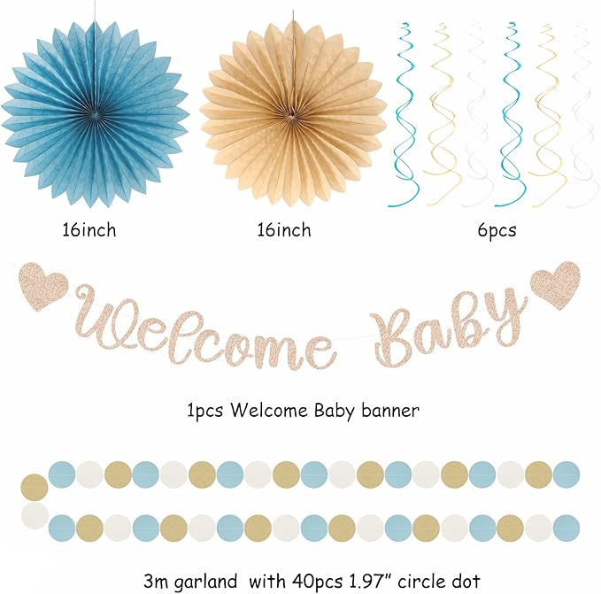 Light-Dusty Blue Boho Baby Shower Party-Decorations - 21pcs Beige Champagne Boy Neutral Welcome Baby Banner Decor,Paper Lanterns Pom Poms Fan Supplies,Streamers Garland Wall Backdrop Favors Huglony