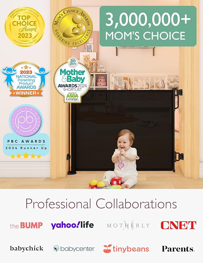 Momcozy Auto Lock Retractable Baby Gate, Safety Gate for Baby and Pet, 33” Tall, Extends to 55” Wide, Mesh Safety Dog Gate for Stairs, Indoor, Outdoor, Doorways, Hallways