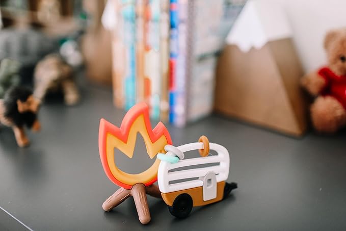 Lucy Darling Little Camper Baby Teether Set – 2 Textured Silicone Teething Toys (Camper & Campfire) for Babies 3–6 Months | BPA-Free, Easy to Hold & Clean | Baby Registry & Shower Gift