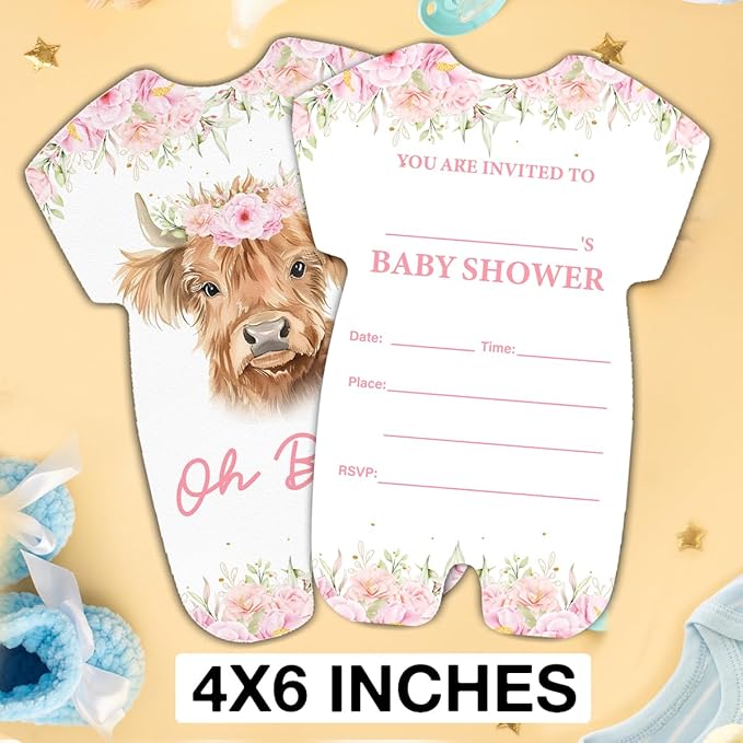 LyoGao Highland Cow Baby Shower Invitations for Girl - Pink Floral Cow Baby Shower Party Fill in Invites Cards With Envelopes (20 Pack)