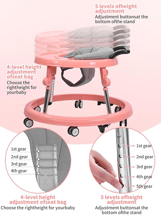 Baby Walker with Wheels: Adjustable Height & Foldable Design, Mute Wheels & Anti-Rollover Feature, Includes Footrest, Perfect for Boys & Girls 6-18 Months