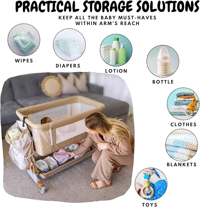 Baby Bassinet Bedside Sleeper 2 in 1 with Wheels, Arms Reach Co Sleeper with Mattress, Incline Option, 6 Adjustable Heights for Newborn to 6 Months Infant