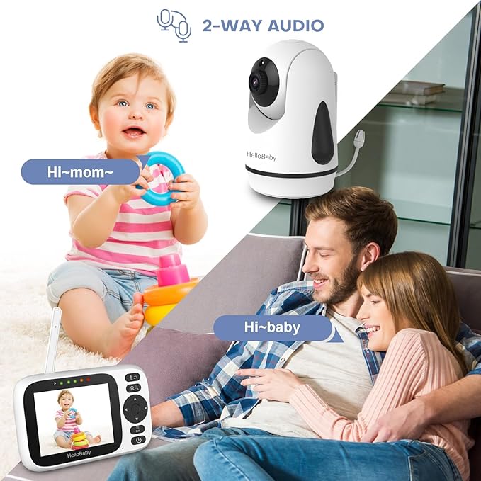 HelloBaby 3.2'' Baby Monitor 2 Cameras,Video Audio Baby Monitor No WiFi, Remote Pan-Tilt-Zoom,AUTO Night Vision, ECO, 2-Way Talk,8 Lullabies and 1000ft Range, Temperature, Gifts for Parents and Babies
